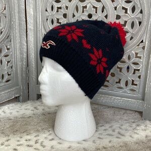 Hollister knit beanie hat navy red snowflakes preppy academia school winter